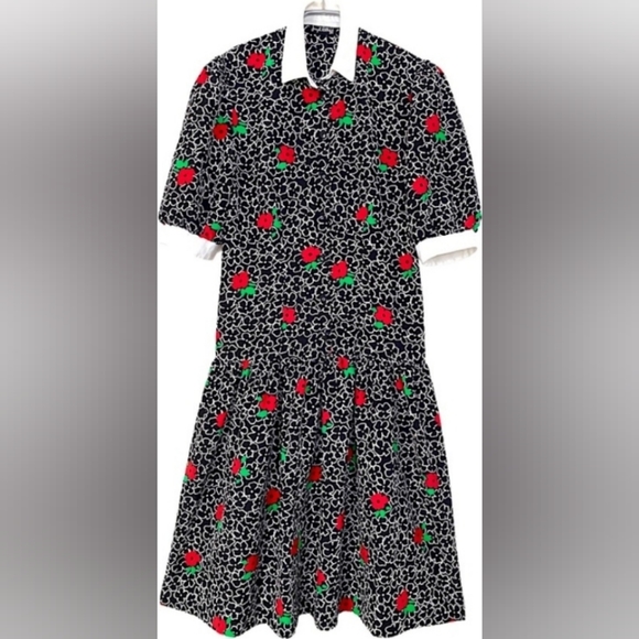 Vintage Dresses & Skirts - 🔥 Host Pick 🌹 Vintage 80s Drop Waist Midi Dress Black White Red Roses Floral